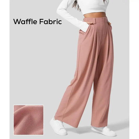 Pantalon décontracté gaufré taille haute plissé avec poche latérale et jambe large Halara